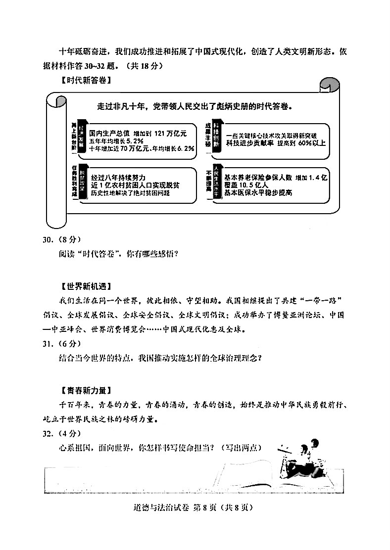 2023年天津初中学业水平道德与法治考试试卷附答案